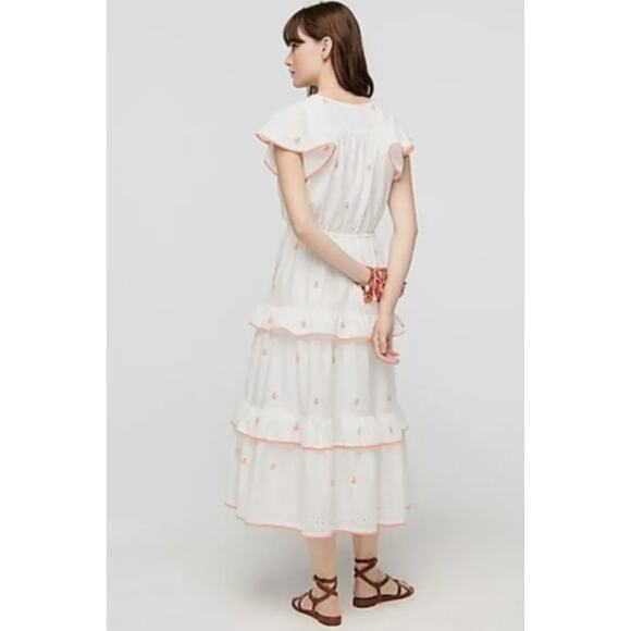 J.Crew Embroidered Flutter Sleeve Voile Tiered Midi Dress w/ Pompom Women Size 6 - Picture 3 of 9